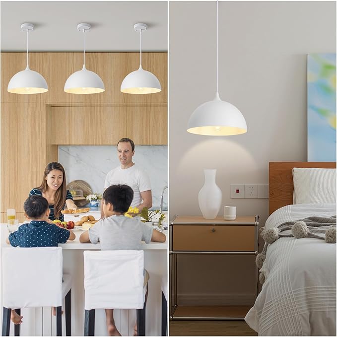 White Pendant Lights, 11.8 inch Pendant Lights Kitchen Island, Farmhouse Pendant Light Fixtures (White Inside), Industrial Pendant Lighting for Dining Room, Bedroom, Hallway (1 Pack)