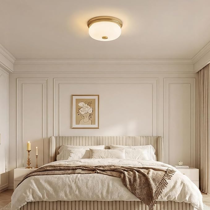 Gold Flush Mount Ceiling Light, HWH Modern Flush Mount Ceiling Light Fixtures with Milk White Glass, 12 Inch Indoor Ceiling Light for Hallway Corridor Kitchen, 5HJX109F BG-MW