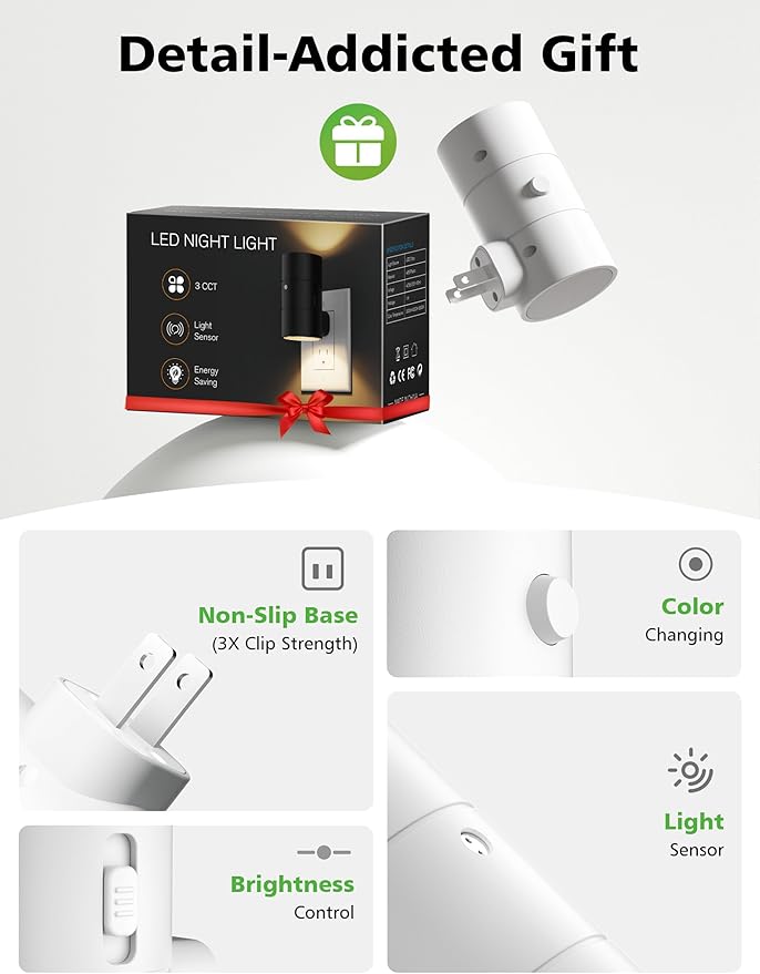 JOFIOS Night Lights Plug Into Wall,Dimmable LED Nightlight with Dusk to Dawn Sensor,0-100LM Adjustable Brightness,3 Color Temperatures,Night Light for Hallway Bathroom Stair Bedroom,White,4 Pack