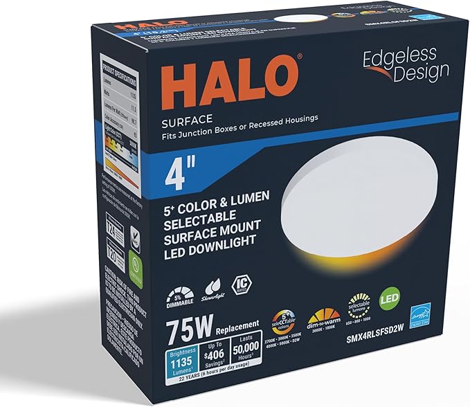 HALO SMX 4-inch. Edgeless Surface Mount LED Downlight Selectable Lumens, Color Temperatures, Dimming-Round, 4-Pack, SMX4RLSFSD2W-4PK