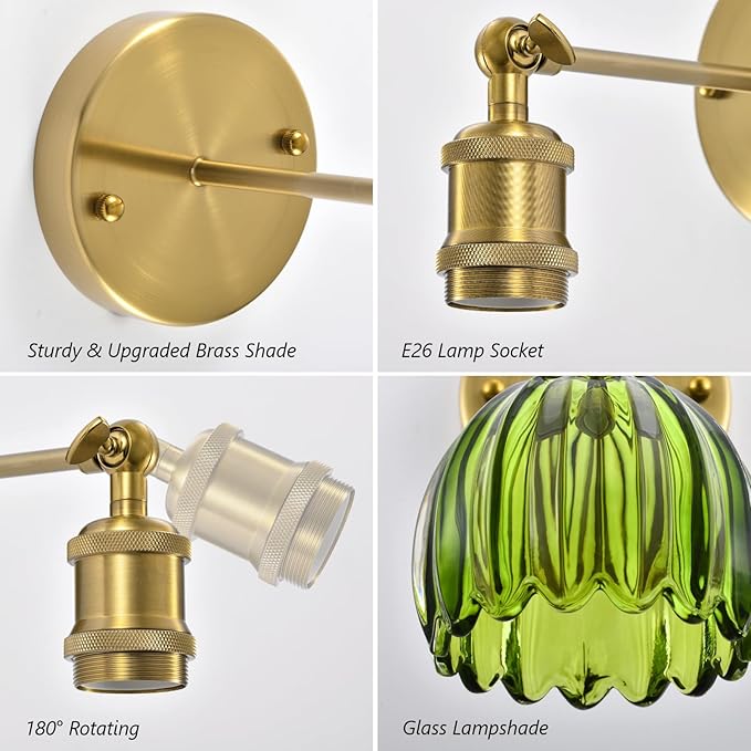 Vintage Battery Operated Wall Sconce, Green Tulip Glass Lampshade Wireless Rechargeable Battery Powered LED Wall Light with Remote Dimmable for Bedside Bedroom Doorway Living Room, Set of 2