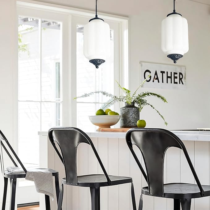 Vintage Milk Glass Pendant Lights Kitchen, Brass Color Glass Ceiling Light Fixture, Retro Industrial Pendant Lighting for Dining Room, Kitchen, Bedroom, Entryway, Hallway (White, 5.5in)