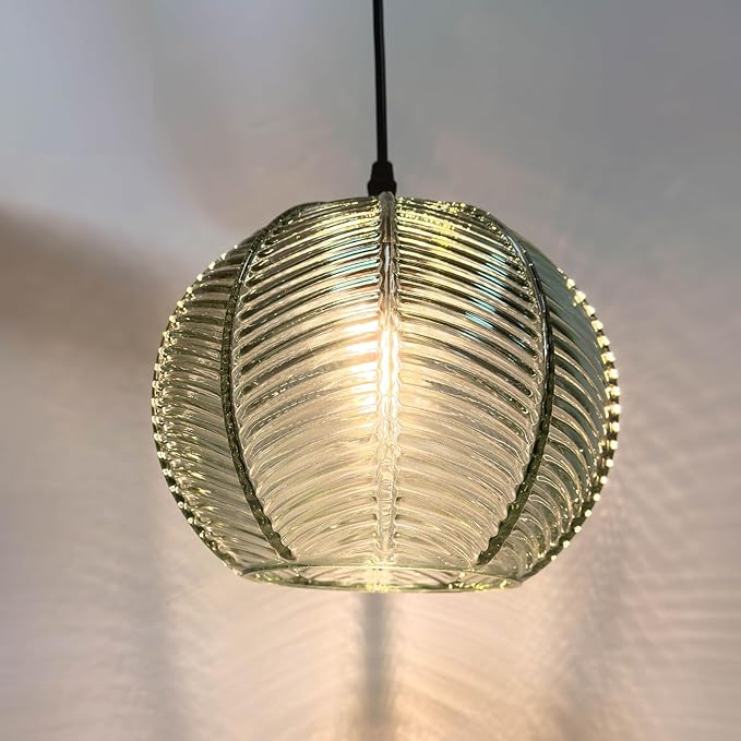 2 Pack Green Pendant Lights Kitchen Island, 8.6" Mid Century Modern Pendant Light Fixtures, Ribbed Glass Adjustable Farmhouse Hanging Lights for Dining Room Bedroom Hallway Entryway