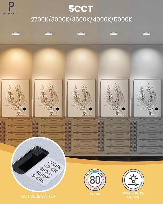 POPANU 4 inch LED Recessed Light - 9W Gold Gimbal Recessed Lighting Canless Soffit Swivel Eyeball 90° Tilt Wafer Slope Ceiling Adjustable Spotlight Dimmable for Accent Lighting Gold 6 Pack