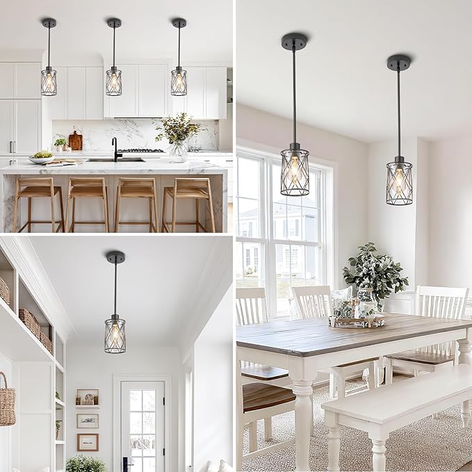 Refice Glass Pendant Lights Kitchen Island, Black Kitchen Hanging Light with Clear Glass, Farmhouse Cage Mini Pendant Lighting for Sink Dining Room Bedroom Bar, 1 Pack