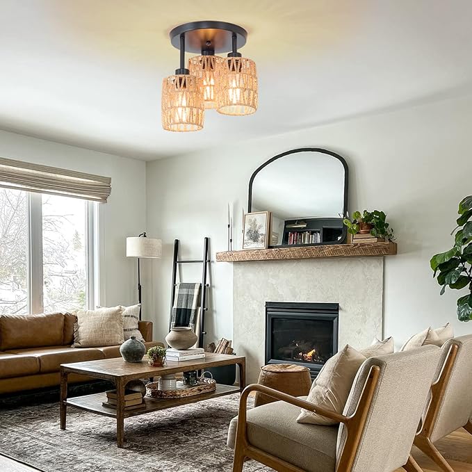3-Lights Woven Rattan Ceiling Light Fixture,Farmhouse Hand-Woven Cage Semi Flush Mount Light, Boho Coastal Natural Basket Close to Ceiling Light for Bedroom Hallway Corridor Nursery