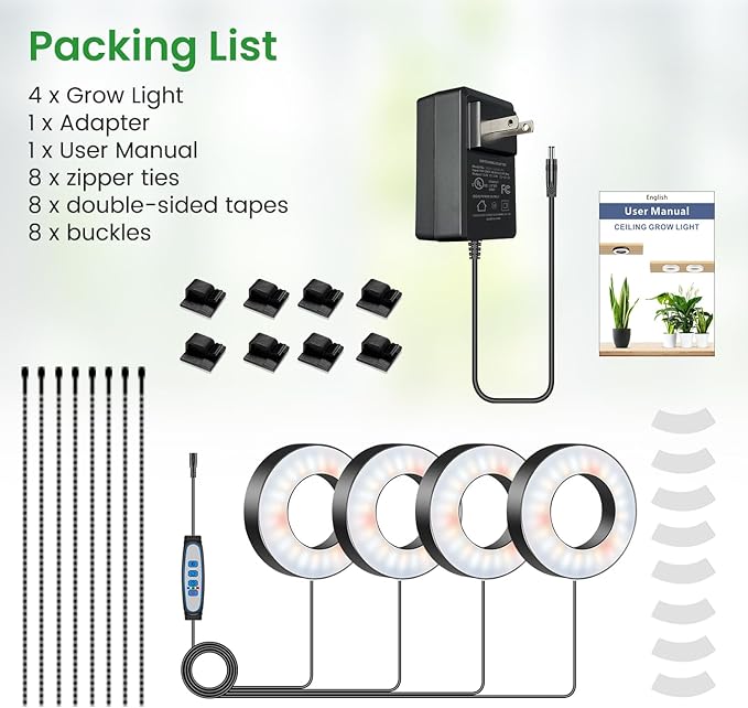 Wiaxulay Grow Lights for Indoor Plants, 192 LED Full Spectrum Plant Lights for Indoor Growing, 12V/2A Under Cabinet Grow Lamp with Auto Timer 6/12/16 Hrs, 3 Lighting Mode, 5 Brightness, Four Head