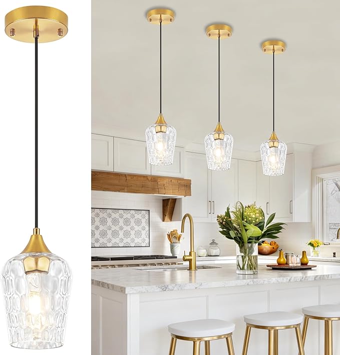 3 Pack Gold Pendant Lights Kitchen Island, Hammered Glass Pendant Lighting Over Island, Modern Hanging Kitchen Light Fixtures Over Sink Adjustable Mini Pendant Light for Bathroom Hallway Dining Room