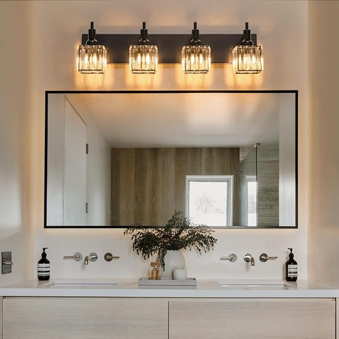 Black Crystal Bathroom Vanity Light 4-Light Modern Bathroom Lighting Fixtures Over Mirror Black Wall Sconce with Square Shade