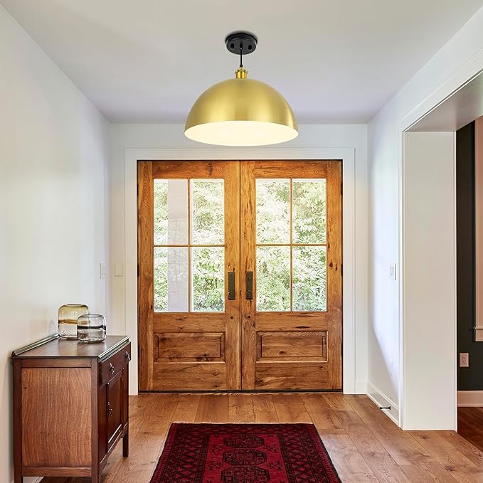 Gold Pendant Light, 16" Farmhouse Ceiling Light with Gold and White, Elegant Semi-Circular Shade Design, Adjustable Height Industrial Dome Pendant Lights for Kitchen Island, Dining Room