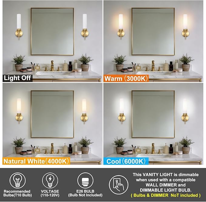 LaLuLa Wall Sconce Set of 2, Vanity Lights for Bathroom, Modern Brushed Gold, Knurled Detail, Frosted Glass Cylinder Shade, E26 Base, Hardwired, Up or Down Mount, Gold Wall Sconces for Hallway Bedroom