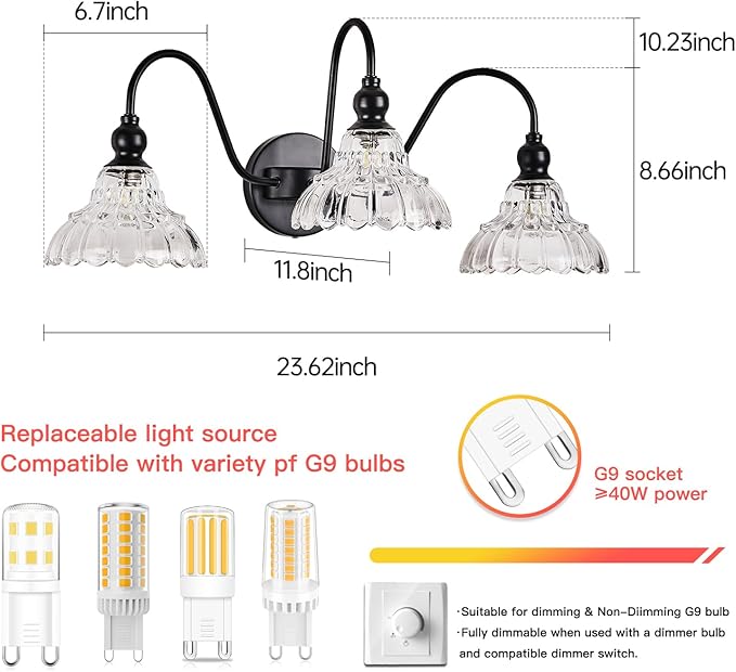 Vintage Bathroom Vanity Light Fixtures Antique 3-Light Black Vanity Lights Crystal Glass Shades Bathroom Lighting for Mirror Bedroom