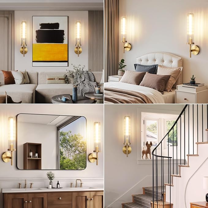 19.5" Knurled Brass Wall Sconces Set of 2, Gold Bathroom Vanity Light Fixtures with Vertical Striped Glass Tube, Modern Lamp Lighting for Bedroom, Living Room, Hallway, Staircase, Mirror, Kitchen
