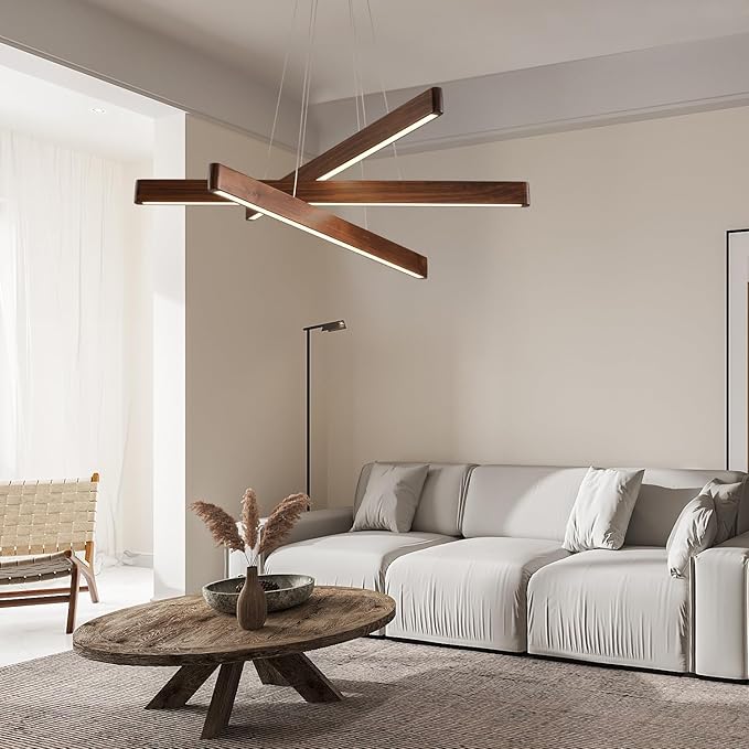 YISDESIGN 3-Light Linear Pendant,Dining Room Light Fixture,Modern Led Chandeliers for Living Room,Dimmable Wood Ceiling Pendant Light,45W for Living Room,Dining Room,Kitchen Island,Walnut Color