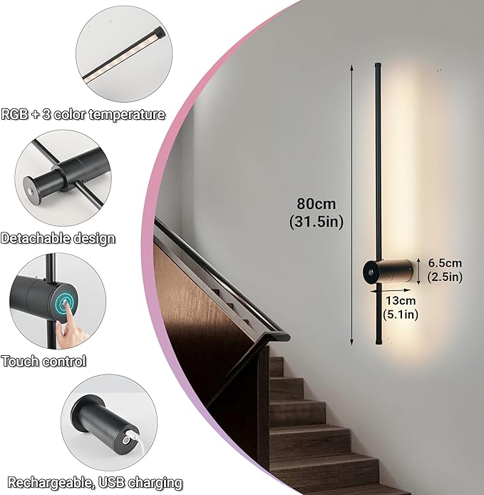 31.5 inch Battery Operated Wall Sconce Set Of 2, 10000mAh Rechargeable Wall Light With Remote Control, RGB Dimmable Wireless Sconces Wall Decor For Bedroom Living room Hallway, 360°Rotate, Black
