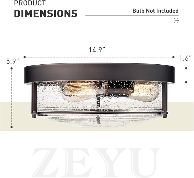zeyu 3-Light Flush Mount Ceiling Light, 15 Inch Farmhouse Ceiling Lamp for Kitchen Living Room Porch, Oil Rubbed Bronze Finish with Seeded Glass, ZG59F ORB