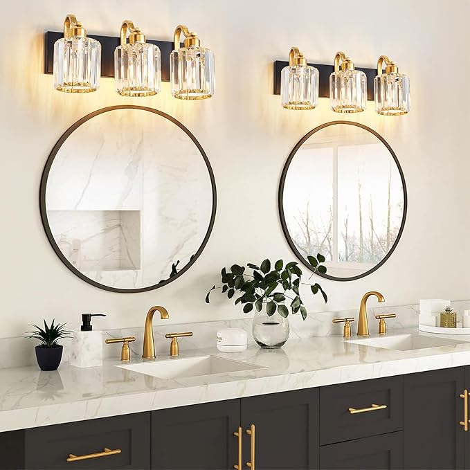 Modern Crystal Bathroom Vanity Lights, Black and Gold 3-Lights Bathroom Light Fixtures Over Mirror, Crystal Wall Lighting for Mirror Bedroom Living Room (Exclude Bulb)