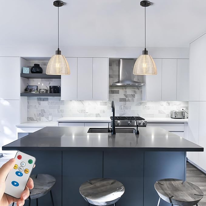 Battery Operated Pendant Light With Remote-2 Pack Hanging Lights Handmade Metal Not Hardwired, 30+ Hours Battery Powered Rechargeable Light Bulbs Good for Kitchen Island Living Room…