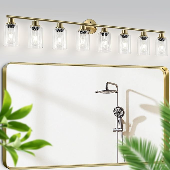 8-Light Brushed Gold Vanity Lights for Bathroom, Lighting Fixtures Over Mirror with Clear Glass Shade, Modern Kitchen Light Fixtures Wall Lamps Sconce Light - E26 Base