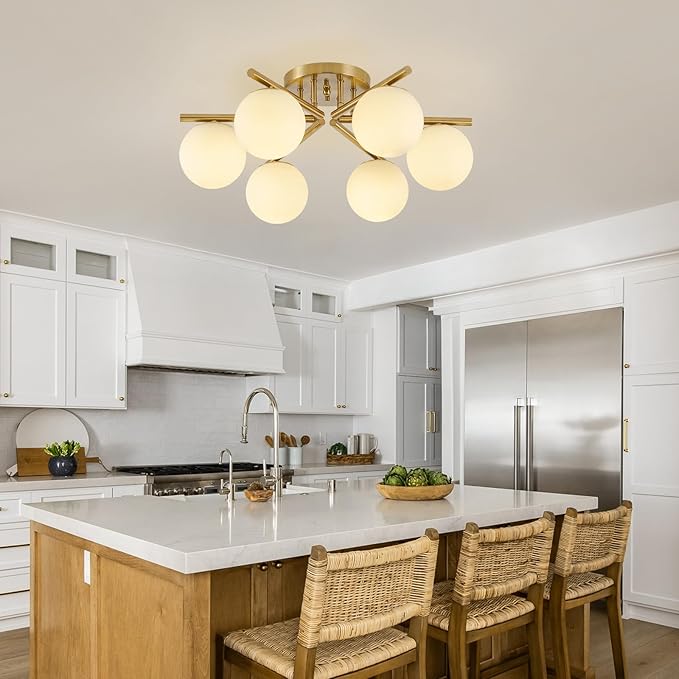6 Lights Sputnik Ceiling Light Fixture,Semi Flush Mount Ceiling Light Sputnik with Milk Glass Globe, Brushed Brass Chandelier for Living Room, 25.98‘’ Large Mid Century Modern Fixture