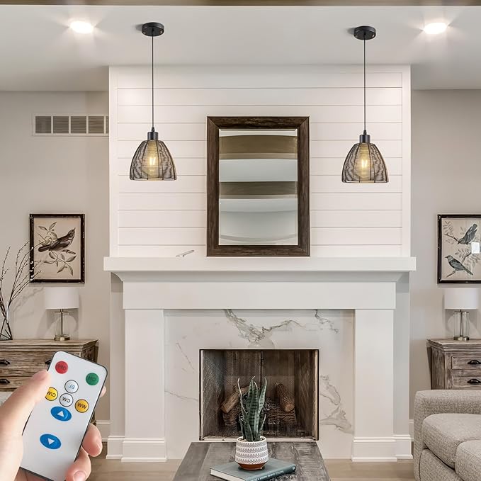 Nekhung Battery Operated Pendant Light with Remote-2 Pack Hanging Lights Handmade Metal Not Hardwired, 30+ Hours Battery Powered Rechargeable Light Bulbs Good for Kitchen Island Living Room (Color