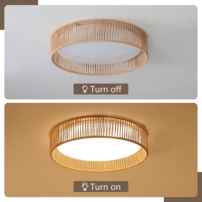 Rattan Overhead Light Fixture, 24W 16.9inch LED Dimmable Handwoven Boho Light Fixture 5CCT 3000K-6000K for Hallway Bedroom Kitchen Entryway Living Room