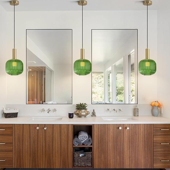 BOKT Mid Century Green Glass Pendant Lights 2-Light Mini Globe Ceiling Pendant Light Ribbed Glass Pendant Light Gold Finish Hanging Light Fixture for Kitchen Island Foyer