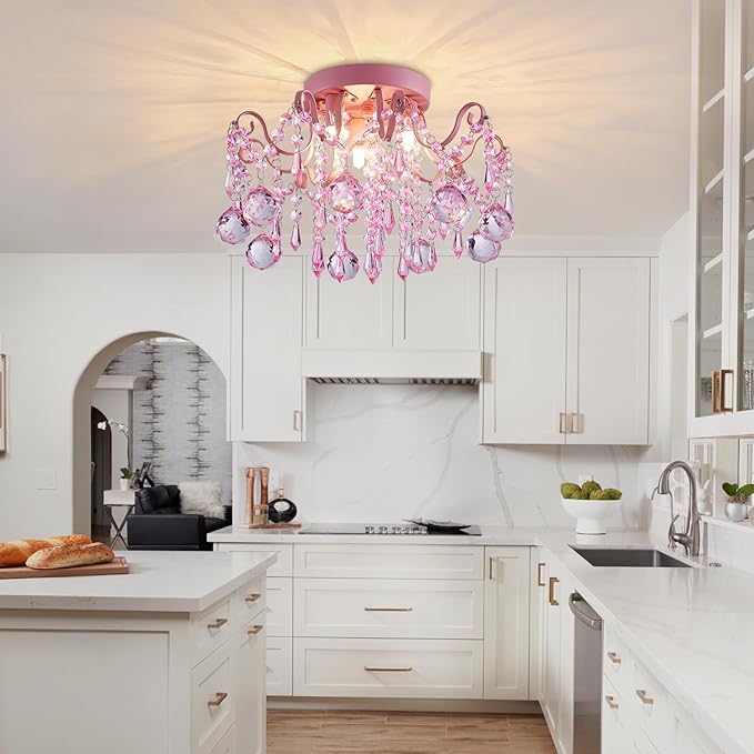 Rain Drop Crystal Small Crystal Chandelier Ceiling Light 3-Light Fixture Modern Chrome Iron Material Suitable for Bedrooms, Hallways, Walk-in Closets, Entryways, Stairwells (Pink)