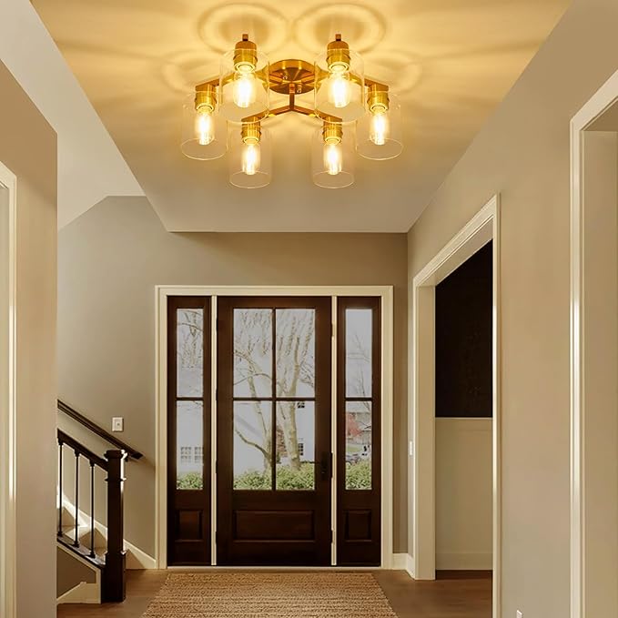 YYT Gold Ceiling Light Fixture Mid-Century Kitchen Ceiling Light Fixtures Modern Gold Semi Flush Mount Light 6-Light Fixtures for Dining Room Brass Cieling Lights with Glass Shade