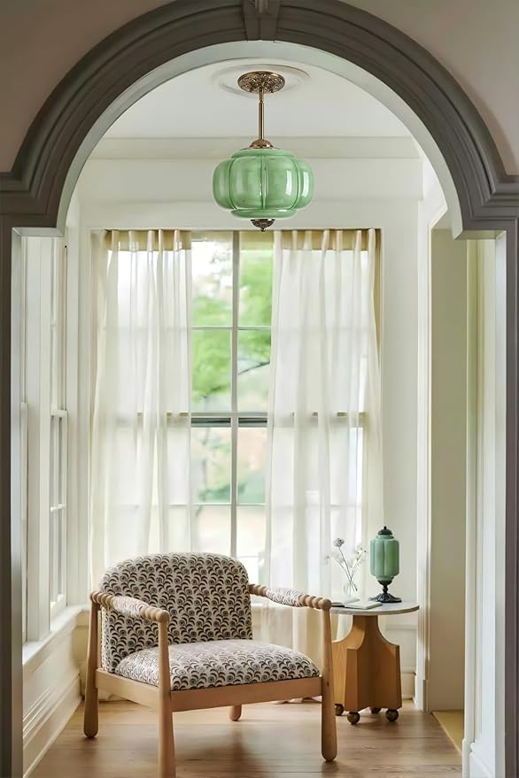 Green Milk Glass Ceiling Light Fixture, 12" Semi Flush Mount Pendant Light with Antique Brass Finish, Schoolhouse Light Fixture - Antique Chandelier for Kitchen, Hallway, Dining Room