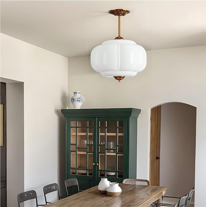 15-Inch Vintage Semi Flush Mount Ceiling Light, Milk Glass Chandelier with Antique Brass Finish, Mid Century Modern Schoolhouse Pendant Light Fixtures for Kitchen, Hallway, Dining Room
