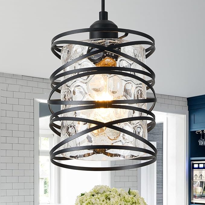Hammered Glass Pendant Light, Black Metal Spiral Cage Hanging Lamp, Adjustable Height Modern Hanging Light Fixture for Kitchen Island, Dining Room, Living Room, Hallway, Entryway