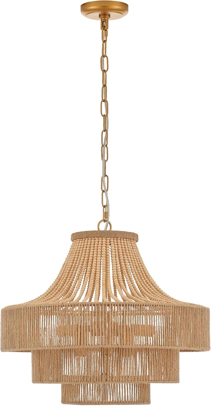 Wood Beaded Rattan Chandelier Boho Hand Woven Pendant Light 6-Lights Adjustable Coastal Pendant Lighting Fixtures for Dining Living Room Kitchen Hallway, Dia 20”, UL Listed