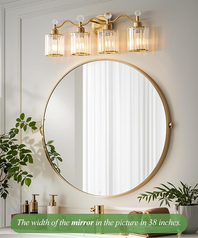 Modern Crystal Bathroom Vanity Light, 4-Lights Bathroom Light Fixtures, Brass Gold Vanity Lighting Fixtures Over Mirror, Brushed Wall Sconce Light for Bedroom, Kitchen, Living Room, Gallery, E26 Base