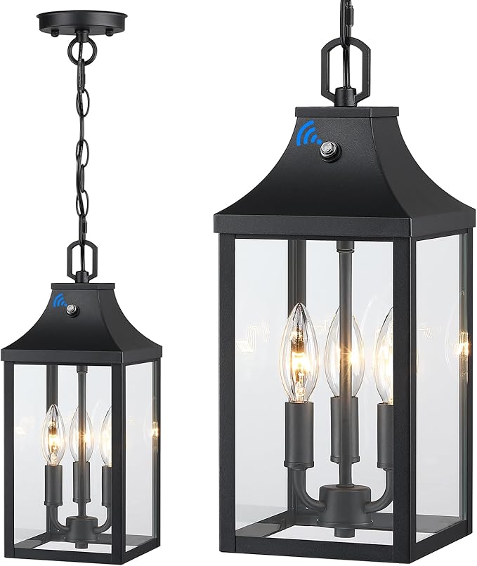 15'' Large Outdoor Pendant Light Fixtures 3-Light, Dusk to Dawn Exterior Hanging Lantern Porch Light Adjustable, Black Hanging Lamp Farmhouse Exterior Chandelier Ceiling Mount for Patio, 1Pack