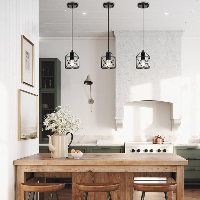 1-Light Hanging Pendant Light Fixture, Black Pendant Lights Kitchen Island, Farmhouse Pendant Lighting with Bedroom Dining Room, E26 Base, Bulbs Not Included, 3 Packs