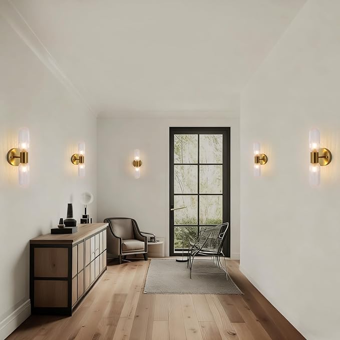 Modern Gold Wall Sconces, 2-Light Hardwired Brass Vanity Light Fixture with Glass Shade, Wall Lighting for Living Room Bedroom Bathroom Hallway, 2 G9 LED Bulbs Included