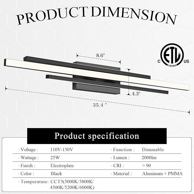 Black Vanity Light, 35" Modern LED Wall Light Long Wall Lamp for Bathroom Over Mirror Dimmable Hardwired Wall Mount Lighting Over Vanity Indoor 5CCT(3000K/3800K/4500K/5200K/6000K)