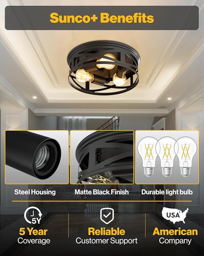 Sunco Farmhouse 3-Light Flush Mount Ceiling Light Fixture, Hallway Matte Black Outdoor Lights, Anti-Corrosive, E26 Base, A19 Edison LED Bulbs Included, for Hallway Kitchen Bathroom 2 Pack
