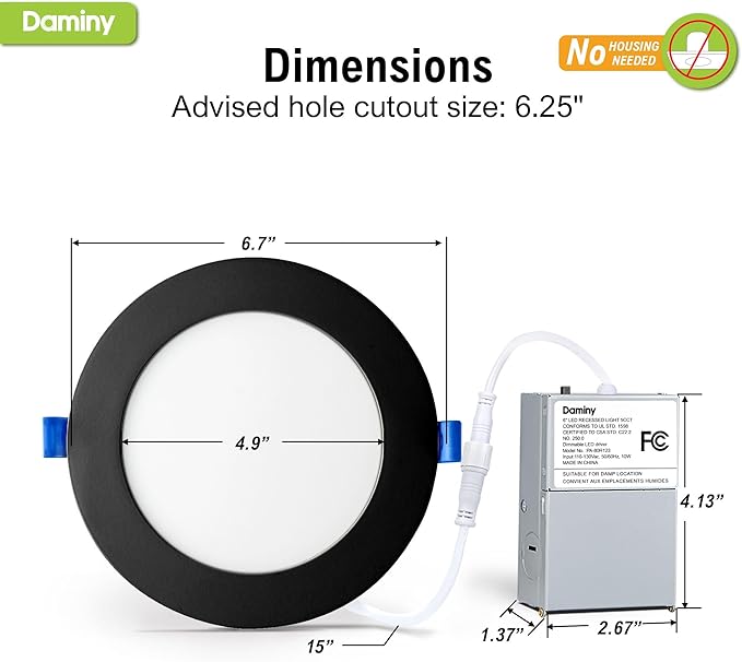 DAMINY 12 Pack 6 Inch Black LED Recessed Lighting with Junction Box,5CCT,Ultra-Thin Recessed Light,10W 1100LM, Dimmable Canless Wafer Ceiling Light, High Brightness