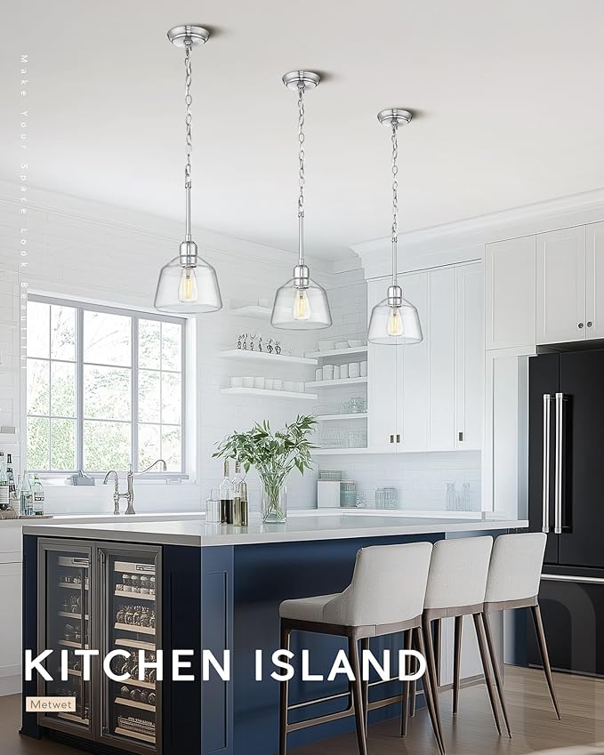 2-Pack Pendant Lights Kitchen Island, 7.5" Hanging Light Fixture with Clear Glass Shade and Adjustable Chain, Farmhouse Kitchen Island Lighting for Dining Room, Brushed Nickel, PL187-BN-2PK