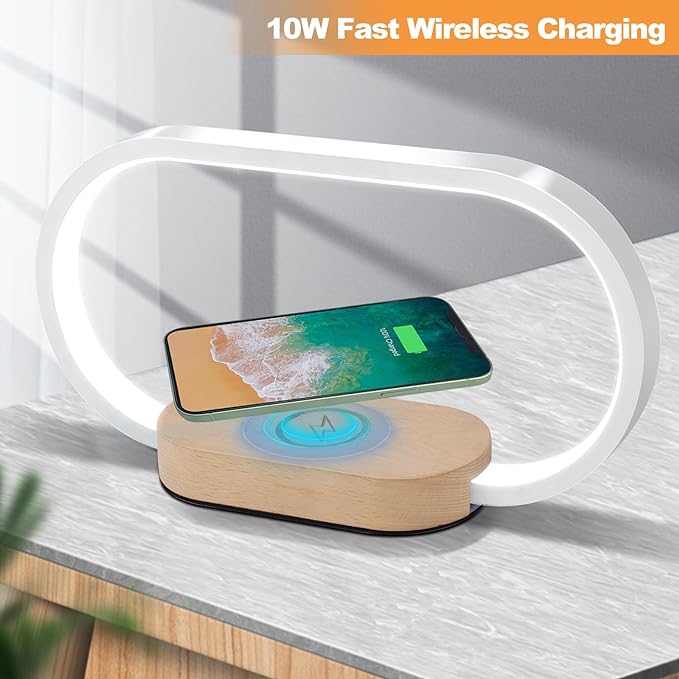 Donewin Wireless Charging Bedside Lamp with USB Charging Port,Premium Wooden Nightstand Light for Bedroom,Nursery Lamp,Touch-Control Desk Lamp,Ideal Gift Choice,Stepless Dimming& 3 Color Temps