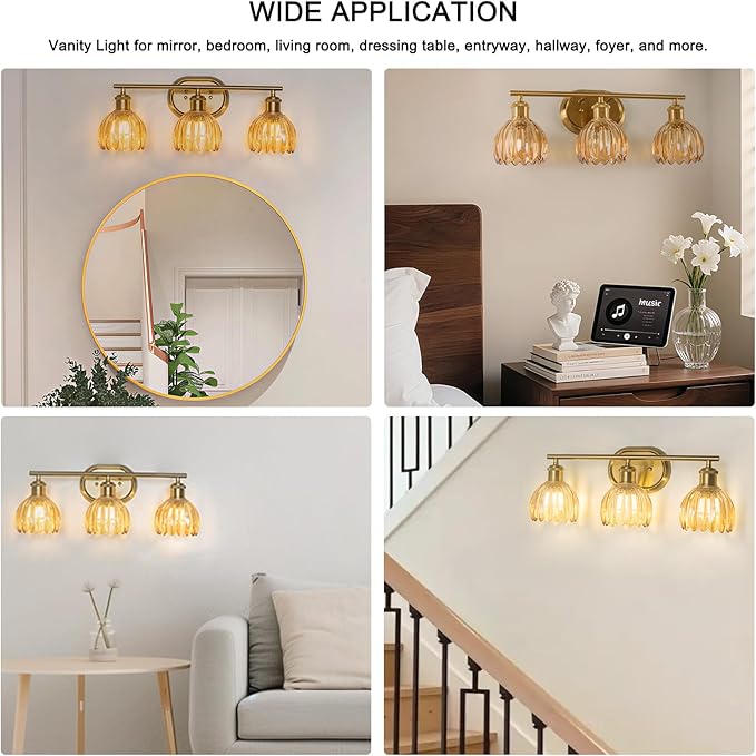 Gold Bathroom Light Fixture, 3-Light Bathroom Vanity Light Over Mirror with Ribbed Amber Tulip Glass Shade, Brass Wall Scone Lighting for Farmhouse, Bedroom,Living Room,Hallway