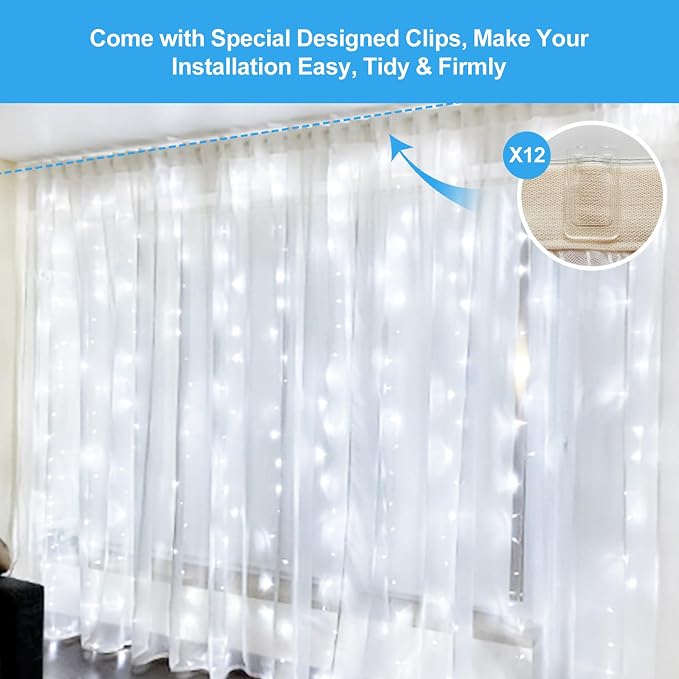 2 Pack 300 LED Fairy Curtain Lights, 9.8 x 9.8FT White USB Plug in 8 Modes String Hanging Lights with Remote for Christmas, Bedroom, Indoor, Outdoor, Weddings, Party (Cold White)