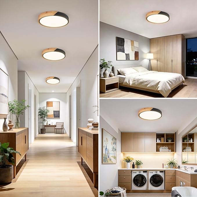 Modern LED Ceiling Light for Bedroom: Minimalist Wood Flush Mount Ceiling Light Fixture with Acrylic Lampshade - 4500K Not Dimmable Overhead Ceiling Lamps for kitchen hallway living room (11.8" Black)