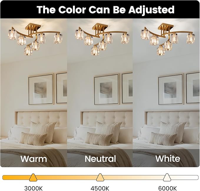 6-Lights Semi Flush Mount Ceiling Light Black and Gold Ceiling Fixture Farmhouse Dining Room Light Fixture with K9 Crystal Shades Modern Chandelier for Living Room Bedroom Entryway