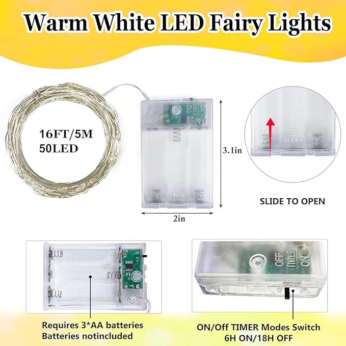 8-Pack Fairy Lights Battery Operated with Timer, 16FT 50 LED String Lights Indoor Outdoor, Cuttable Starry Fairy Lights Waterproof for Christmas Home Bedroom Wedding DIY Centerpiece Decor (Warm White)