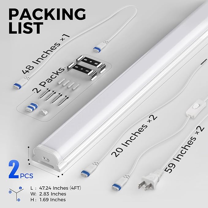 Barrina LED Shop Lights for Workshop 4FT, 5000K Daylight White, 45W, 5000LM, Hidden Wiring, Linkable 4FT Light Fixture Cord with ON/Off, Frosted Cover, LED Ceiling Light for Garage, Kitchen, 2 Packs