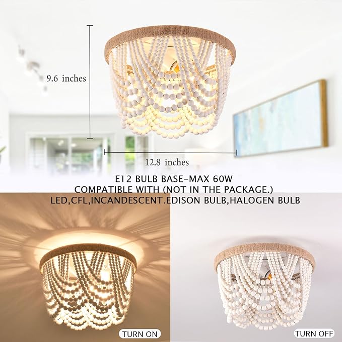 Capslpad Wood Beaded Flush Mount Ceiling Light Antique Rustic Mini Chandelier 3-Light White Boho Light Fixture for Dining Room,Nursery Room,Bedroom,Girl Room,Hallway,Entryway,Passway