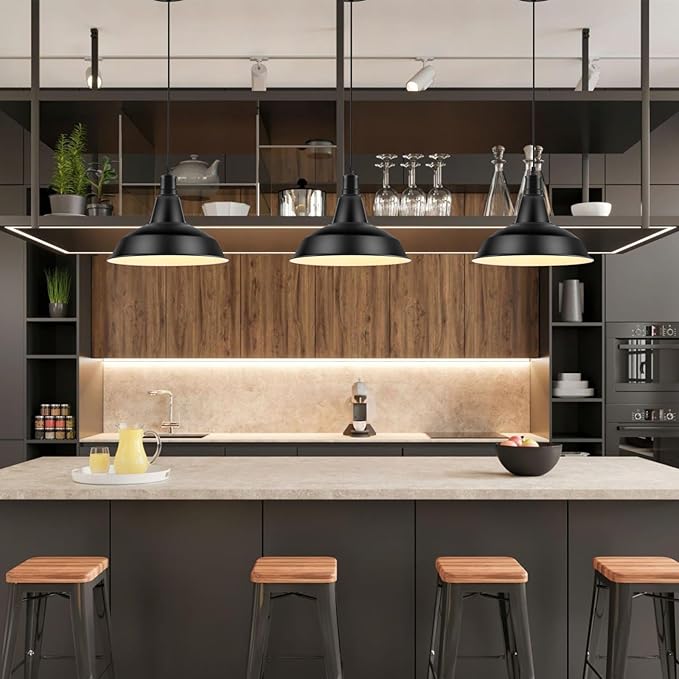 LOEHINLE Pendant Light Fixtures, 3Pcs Farmhouse Kitchen Island Lights Fixture, Industrial Hanging Pendant Lighting for Dining Room Bedroom, Black Metal Pendant Lamp, E26 Base, 12.2in